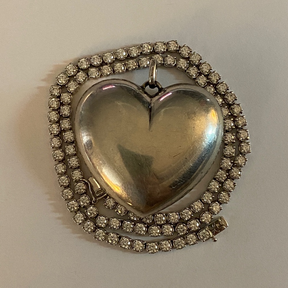 Sterling CZ Tennis Necklace w/ Huge Sterling Heart Pendant - Picture 3 of 17